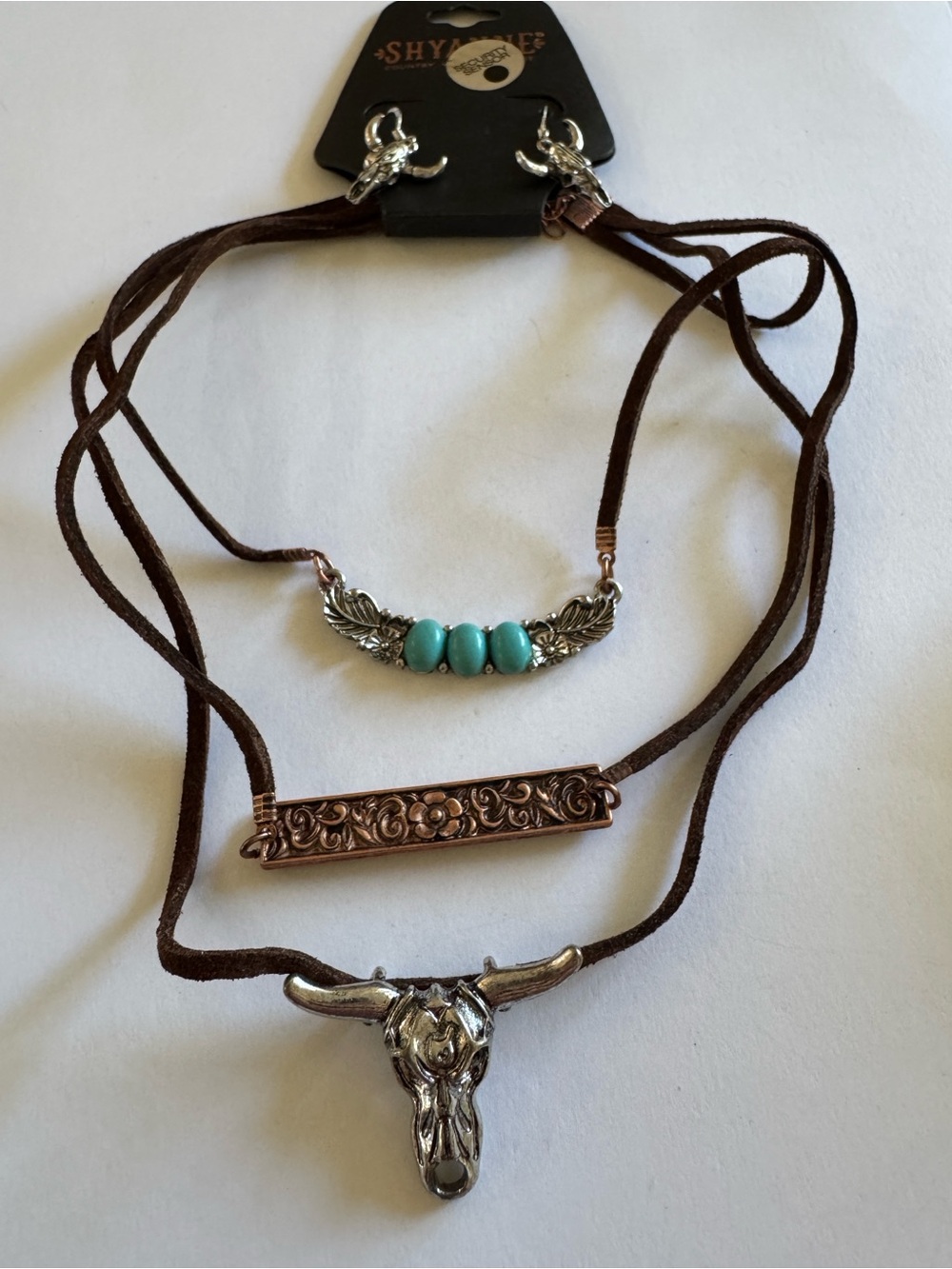 Shyanne Turquoise and Rust Layered Western Necklace Set with Silver Bull Skull